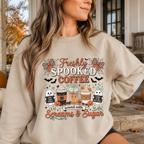 Freshly Spooked Coffee Sweatshirt, Halloween Women Sweatshirt