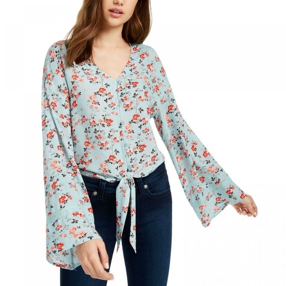 Freshman Junior's Floral Print Tie Waist Blouse Blue Size Large