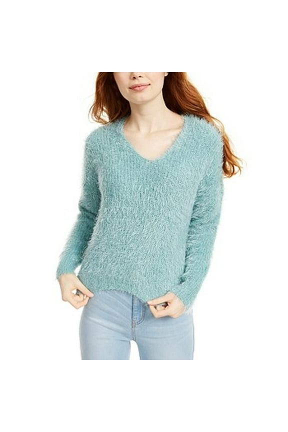 Juniors' Fuzzy V-Neck Sweater Aqua Size Large