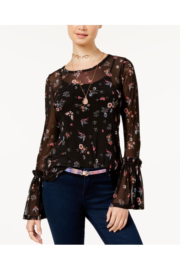 Juniors' Printed Bell-Sleeve Top Black Floral XS