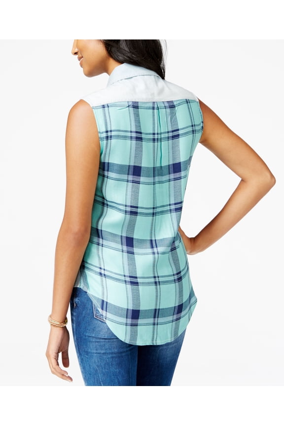 Juniors' Sleeveless Button-Down Shirt Blue Multi XL