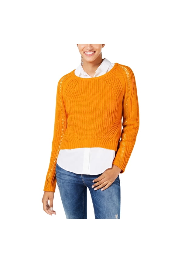 Womens Cropped Pullover Sweater, Yellow, Juniors, Large