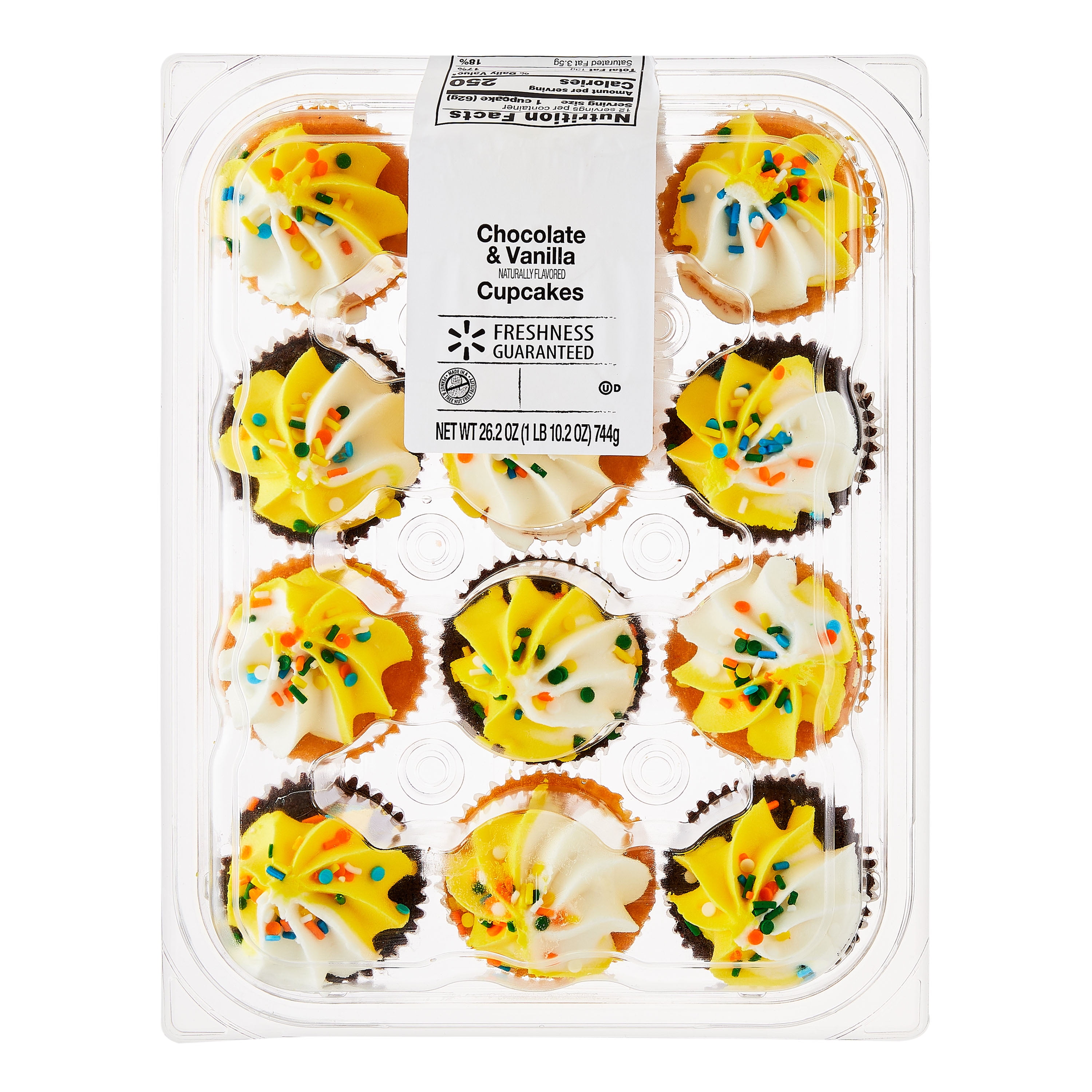 Freshness Guaranteed Chocolate and Vanilla Cupcakes with Yellow and White Icing and Sprinkles, 26.2 oz, 12 Count