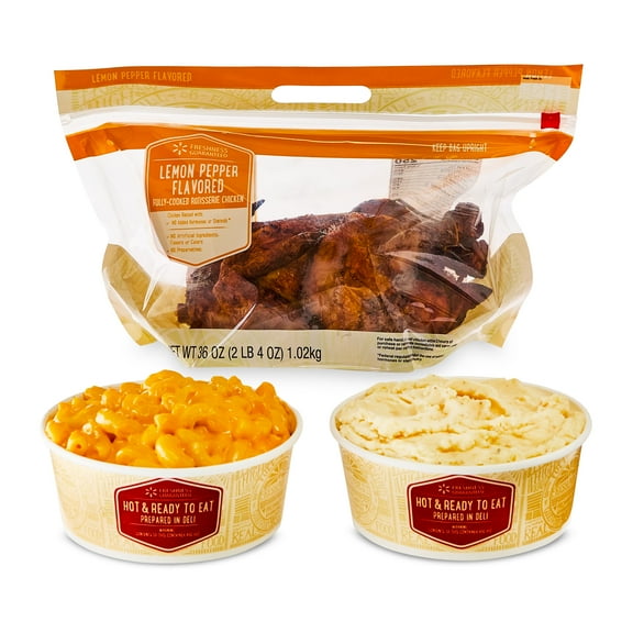 Freshness Guaranteed Hot and Ready-to-Eat Lemon Pepper Rotisserie Chicken Meal Bundle with Large Macaroni and Cheese and Large Mashed Potatoes