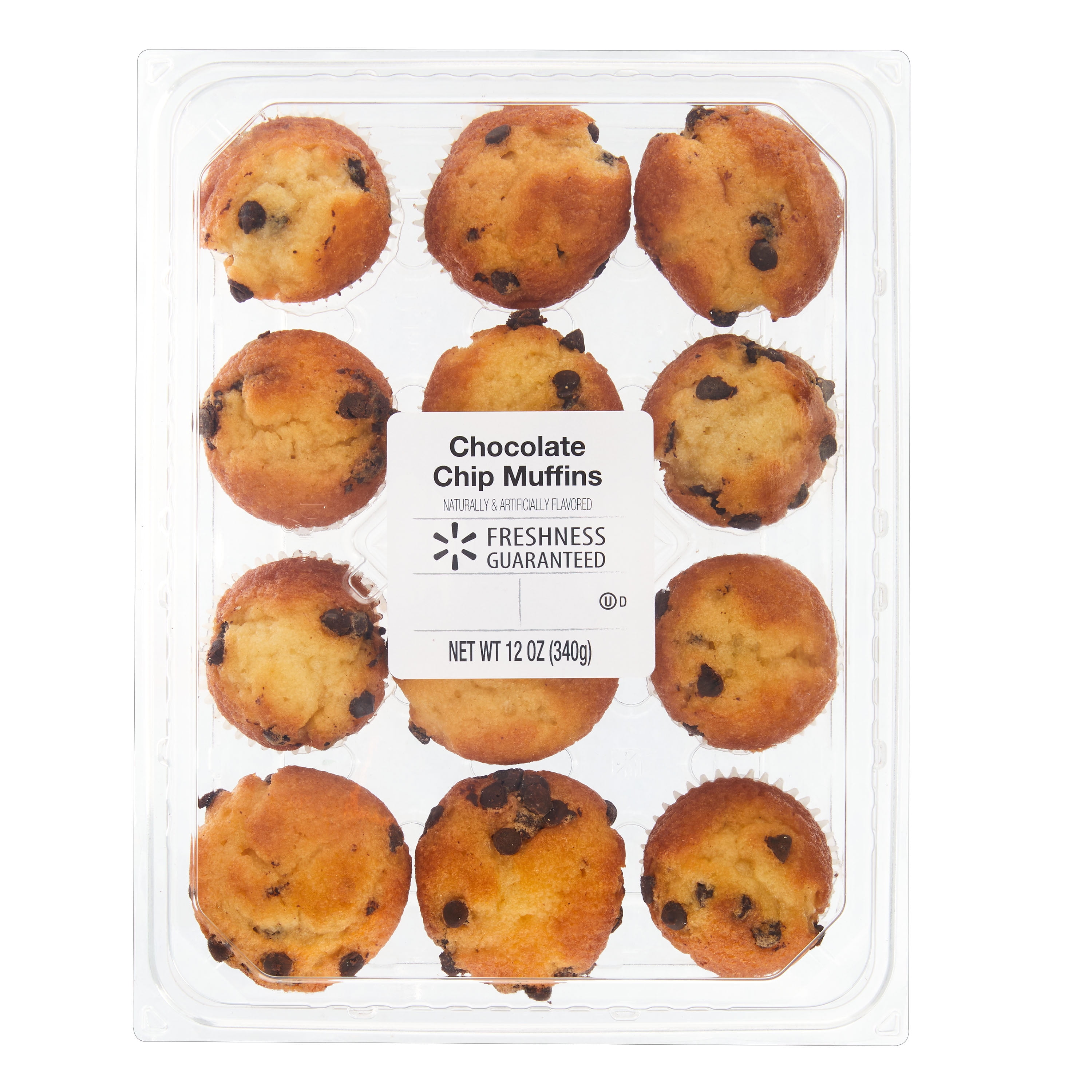 WAL-MART BAKERY Freshness Guaranteed Mini Chocolate Chip Muffins, 12 oz Clamshell, 12 Count (Shelf Stable, Ambient)