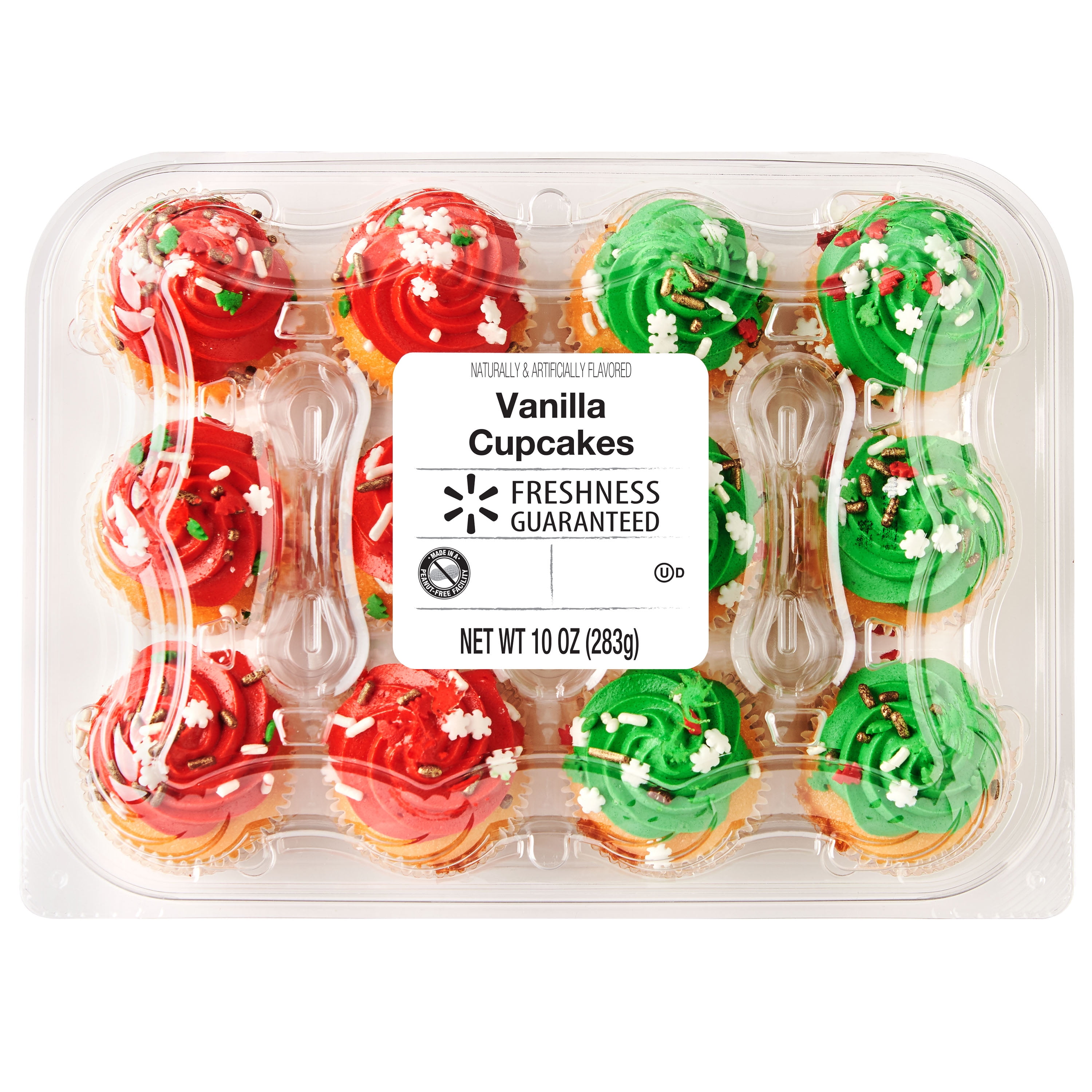 Freshness Guaranteed Mini Vanilla Cupcakes, Red & Green Icing, 12 Count