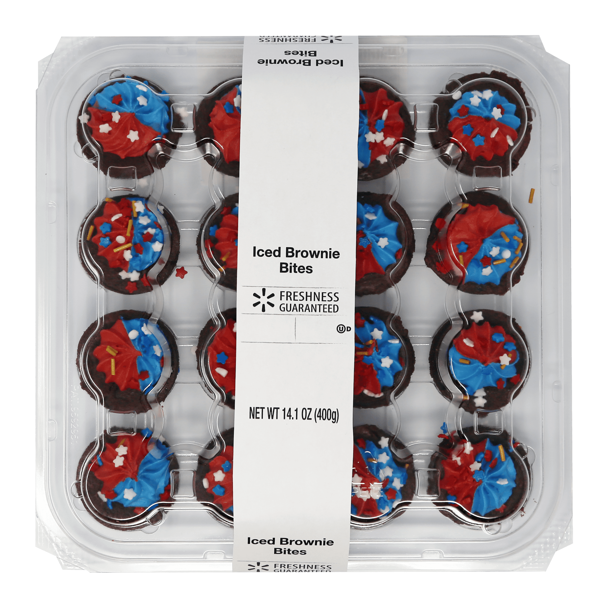 Freshness Guaranteed Patriotic Iced Brownie Bites, 14.1oz, 16 Count, Baked, Moist, Chewy, Shelf-Stable, Kosher, Resealable Plastic Tray