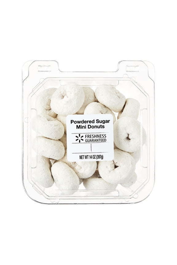 Powdered Sugar Mini Donuts, 14 oz Clamshell (Shelf Stable)