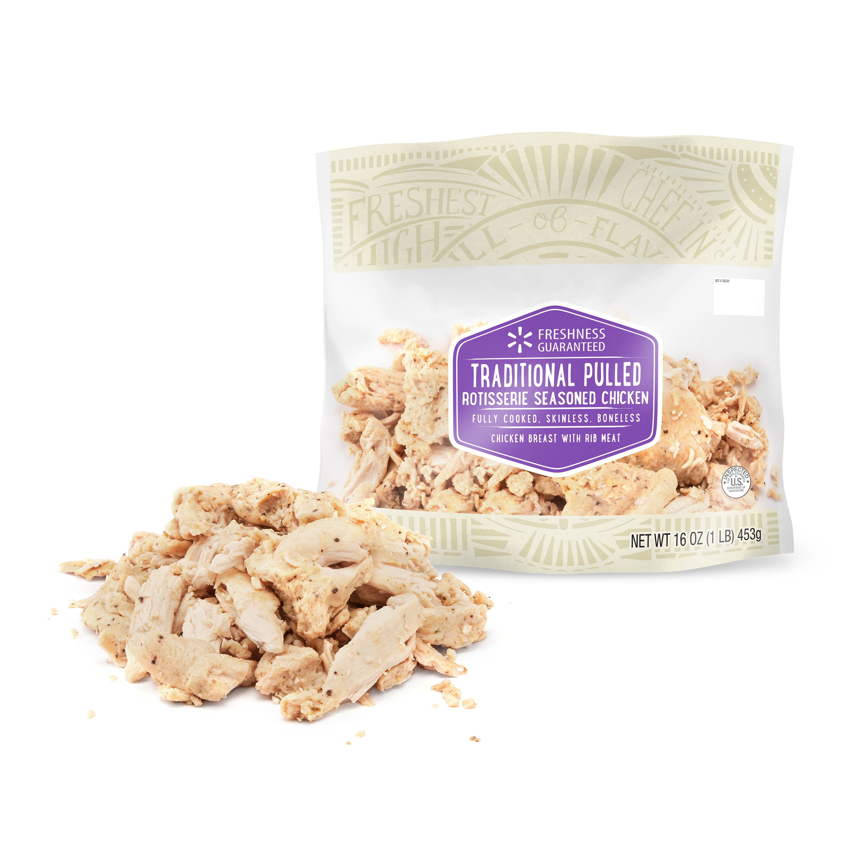 Freshness Guaranteed Traditional Pulled Rotisserie Seasoned Chicken, 16 oz (Chilled)