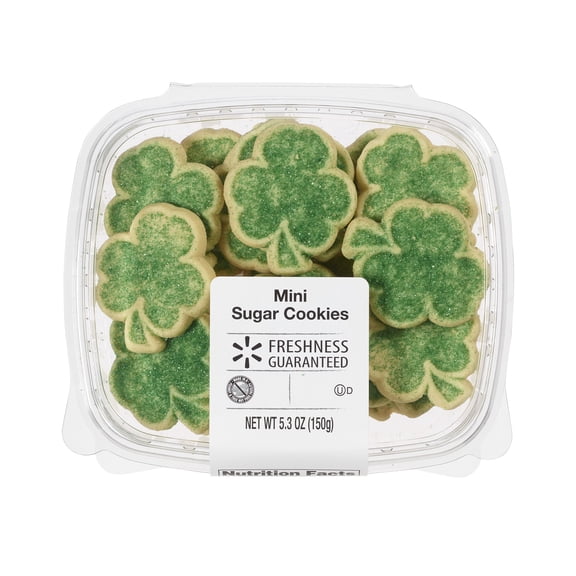 Freshness Guaranteed Tub Sugar Cookies, Mini Shamrock Shaped with Green Sugar Topping, Crunchy, Baked, Ready to Eat, Share with Others, 5.3oz