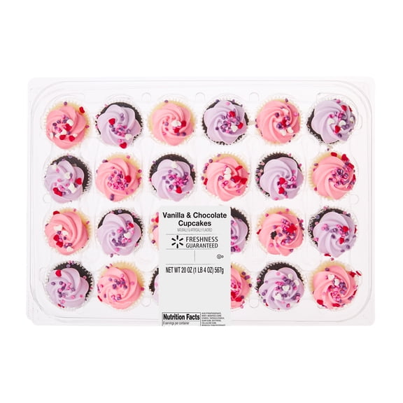 Freshness Guaranteed Valentine's Day Mini Vanilla and Chocolate Cupcakes, 20 oz Carton, 24 Count