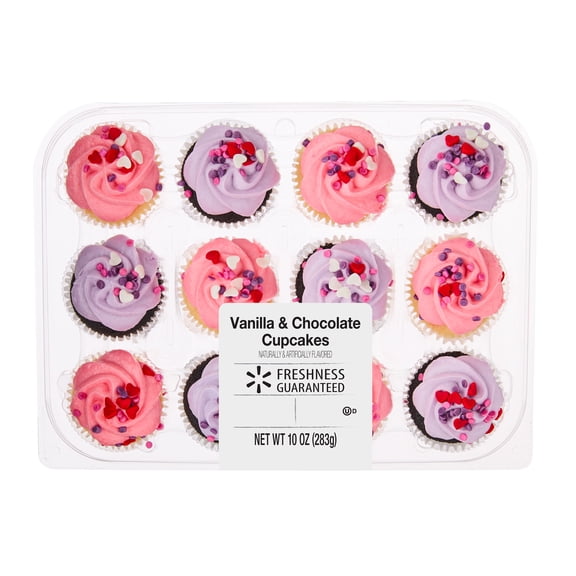 Freshness Guaranteed Valentine's Day Mini Vanilla and Chocolate Cupcakes, 10 oz Carton, 12 Count
