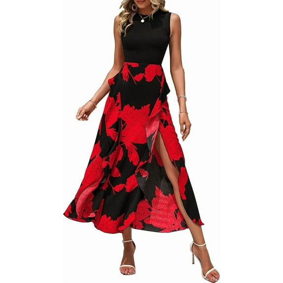 FreshPretty Women Casual Sleeveless Summer Dresses Spring Crewneck Patchwork Boho Floral Ruffle Cocktail Party Midi Dress