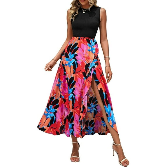 FreshPretty Women Casual Sleeveless Summer Dresses Spring Crewneck Patchwork Boho Floral Ruffle Cocktail Party Midi Dress