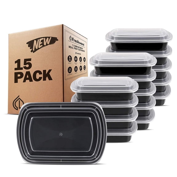 Freshware 15-Pack 1 Compartment Bento Lunch Boxes with Lids - Reusable, Microwave, Dishwasher & Freezer Safe - Meal Prep, Portion Control, 21 Day Fix & Food Storage Containers (28oz), YH-1X15