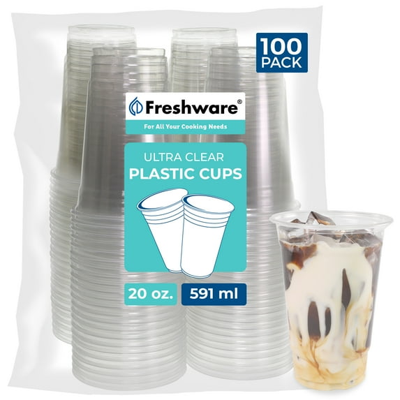 Freshware 20 oz Clear Disposable Plastic Cups, 100 Pack Clear Plastic Cups Tumblers, Heavy-duty Party Glasses, Disposable Cups for Thanksgiving, Halloween, Christmas Party