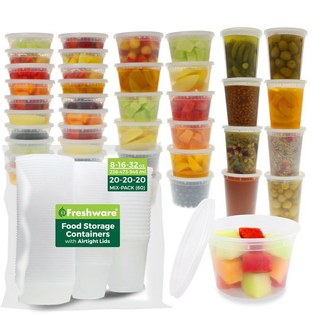 Freshware [60 Pack, 8, 16, 32 oz, 20 sets each size] Food Storage