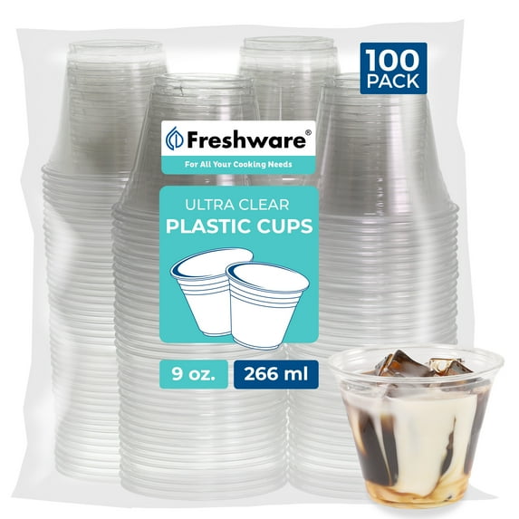 Freshware 9 oz Clear Disposable Plastic Cups, 100 Pack Clear Plastic Cups Tumblers, Heavy-duty Party Glasses, Disposable Cups for Thanksgiving, Halloween, Christmas Party