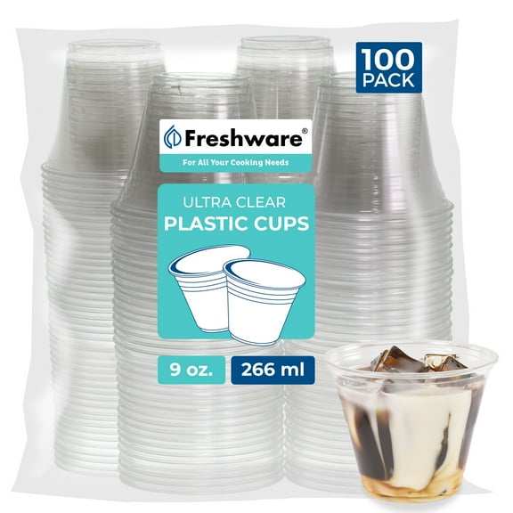 Freshware 9 oz Clear Disposable Plastic Cups, 100 Pack Clear Plastic Cups Tumblers, Heavy-duty Party Glasses, Disposable Cups for Thanksgiving, Halloween, Christmas Party