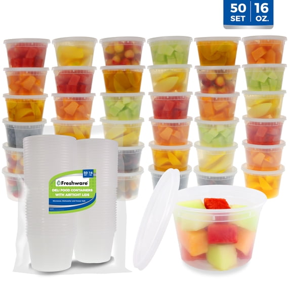 Freshware Food Storage Containers Plastic Deli Containers with Lids, Slime, Soup, Meal Prep Containers | BPA Free | Stackable | Leakproof | Microwave/Dishwasher/Freezer Safe (16 oz, 50-Set)
