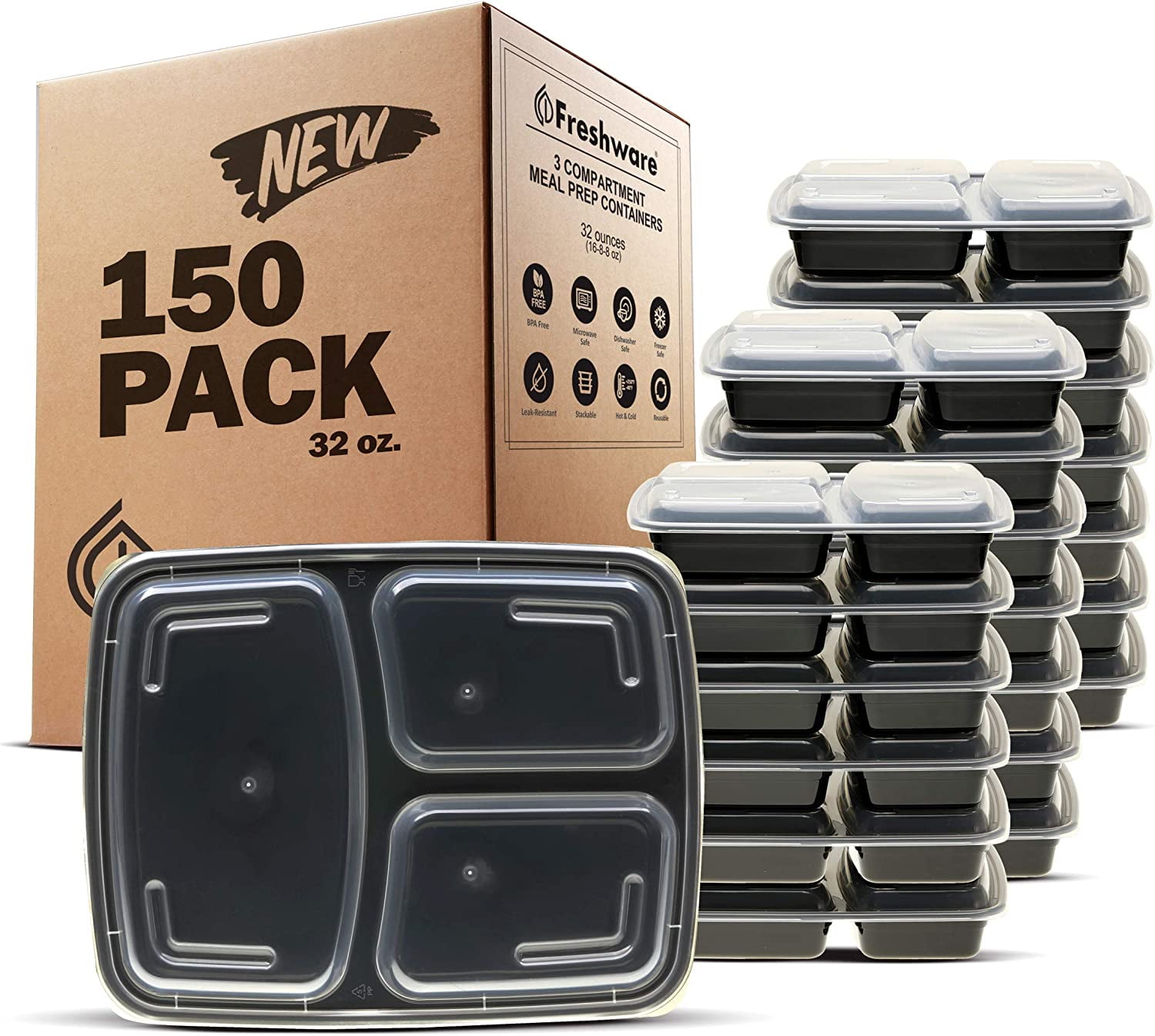 Freshware Meal Prep Containers [150 Pack] 3 Compartment with Lids, Food Containers, Lunch Box, Stackable, Bento Box, Microwave/Dishwasher Safe (32 oz)
