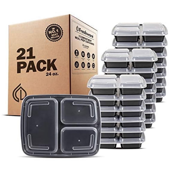 Freshware Meal Prep Containers [21 Pack] 3 Compartment with Lids, Food Storage Containers, Bento Box , BPA Free , Stackable , Microwave/Dishwasher/Freezer Safe, Portion Control, 21 Day Fix (24 oz)