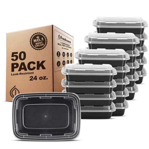 Freshware Meal Prep Containers [50 Pack] 1 Compartment with Lids, Food Storage Containers, Bento Box, BPA Free, Stackable, Microwave/Dishwasher/Freezer Safe (24 oz)