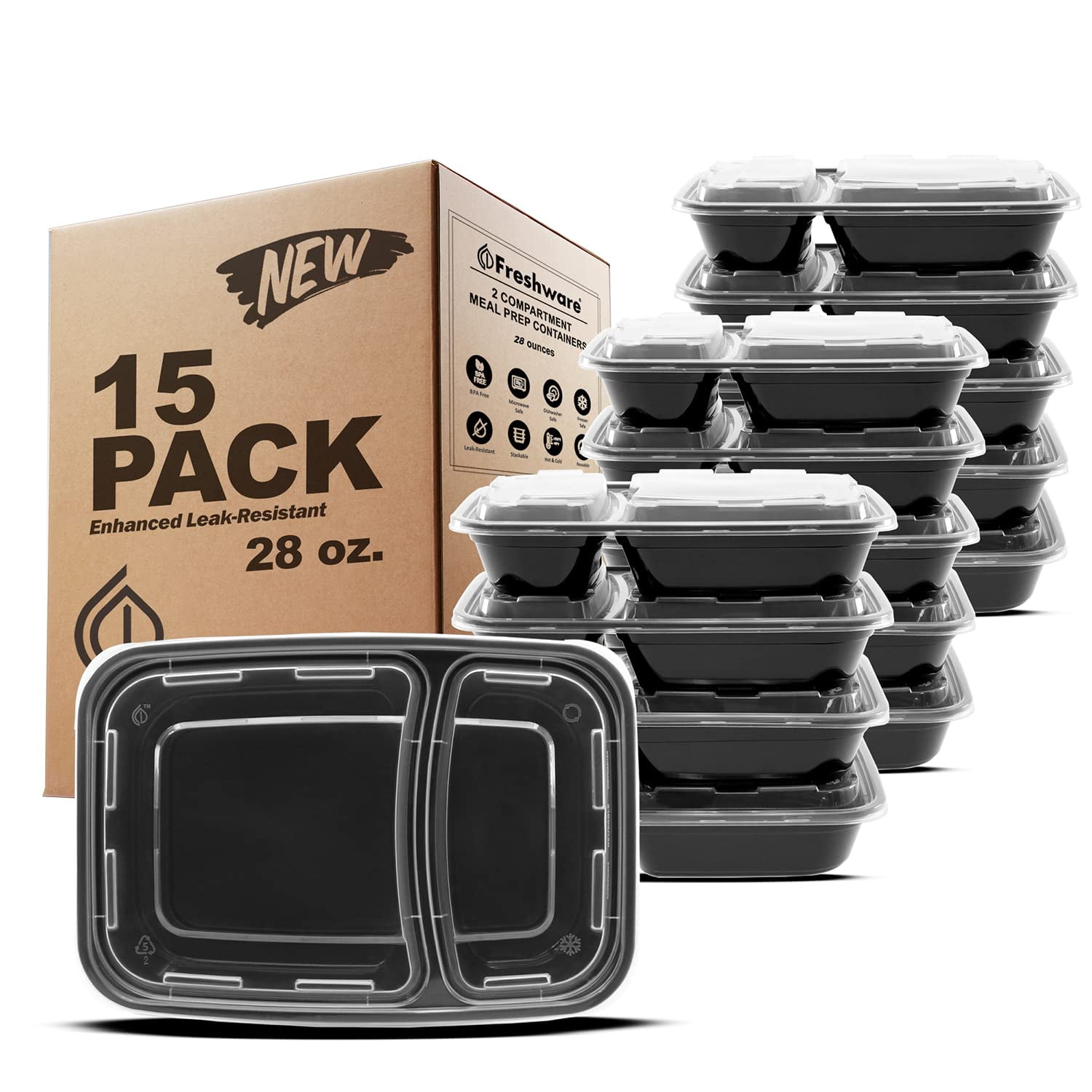 Freshware Meal Prep TWE5&nbsp;Containers [15 Pack] 2 Compartment with Lids, Food Storage Containers, Bento Box, BPA Free, Stackable, Microwave/Dishwasher/Freezer Safe (28 oz)