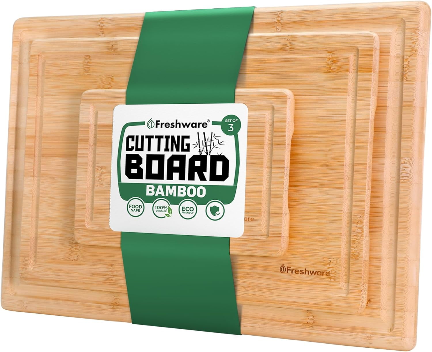 Freshware Wood Cutting Boards - Bamboo Set with Juice Grooves and Easy Grip Handle, 3 Sizes 9x6, 12x8, 15x10