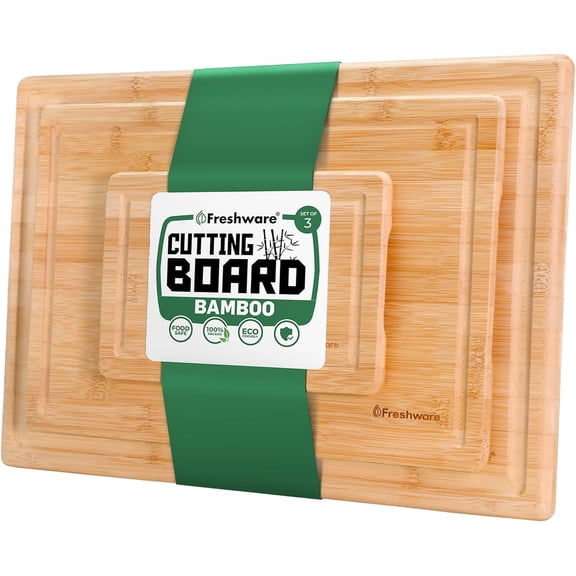 Freshware Wood Cutting Boards - Bamboo Set with Juice Grooves and Easy Grip Handle, 3 Sizes 9x6, 12x8, 15x10