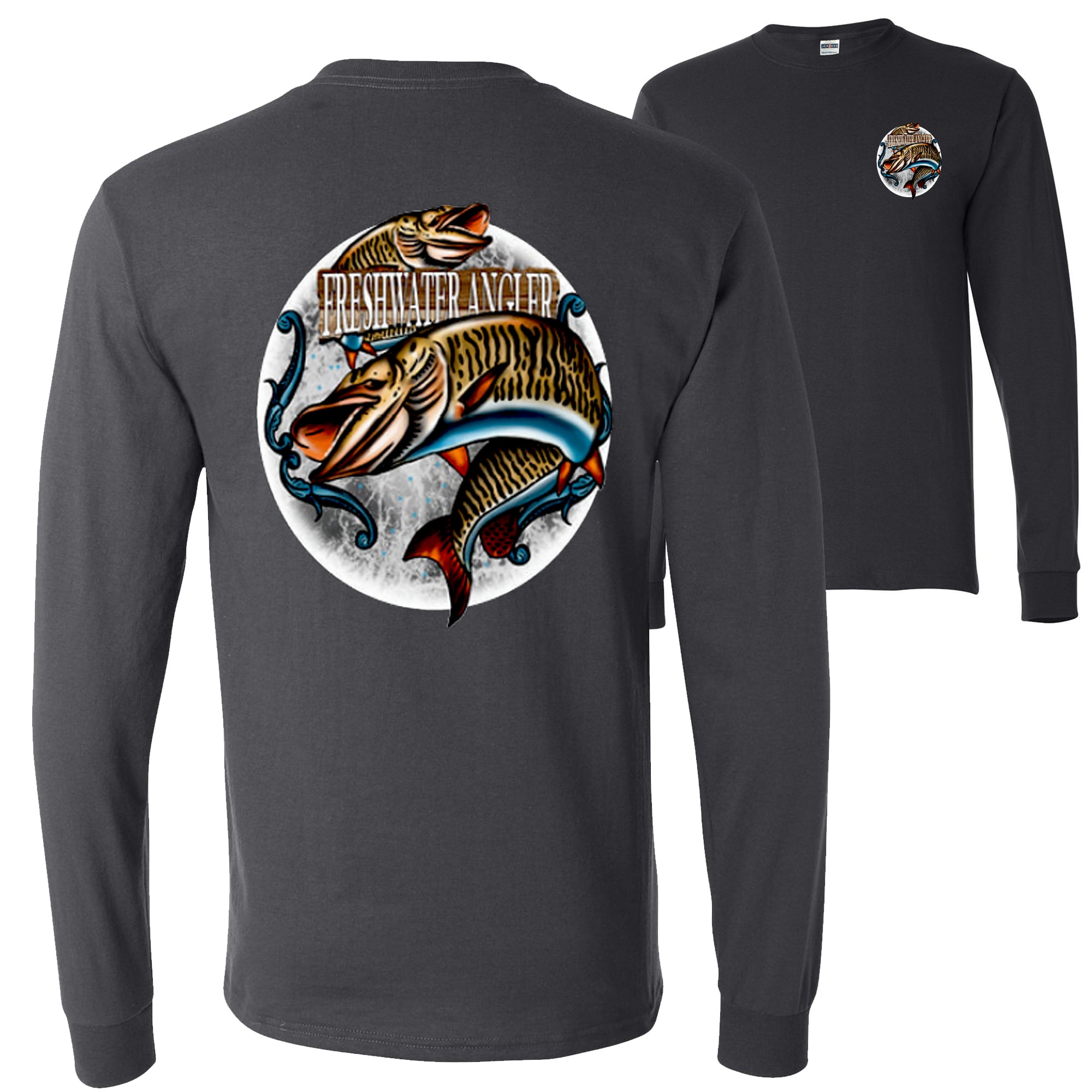 Freshwater Angler Fish Lover FRONT AND BACK Mens Long Sleeves, Heather  Navy, Medium