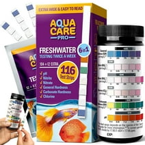 Freshwater Aquarium Test Strips 6 in 1 - Fish Tank Test Kit for Testing pH Nitrite Nitrate Chlorine General & Carbonate Hardness (GH & KH) - Easy to Read Wide Strips & Full Water Testing Guide, 116 Ct