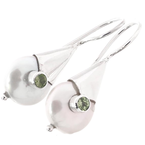 Freshwater Coin Cultured Pearl Peridot 925 Sterling Silver Earrings, 7/8"