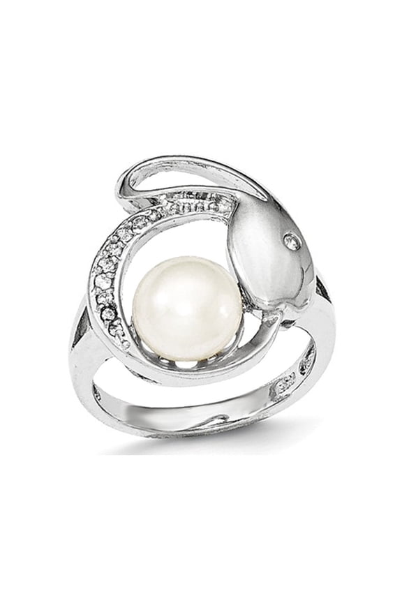 Freshwater Cultured Button Pearl Ring 8mm with Synthetic Cubic Zirconia (CZ) in Sterling Silver