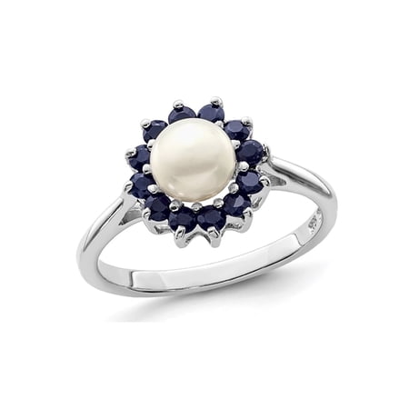 Freshwater Cultured Pearl Ring with Blue Sapphires in Sterling Silver