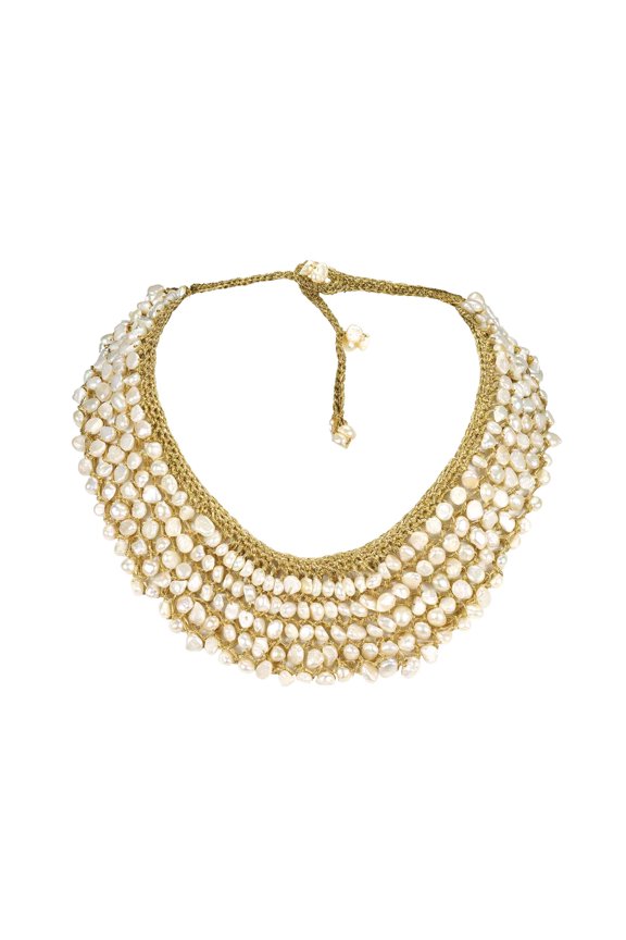 Freshwater Dyed Pearls Collar Bib Silk Net Necklace