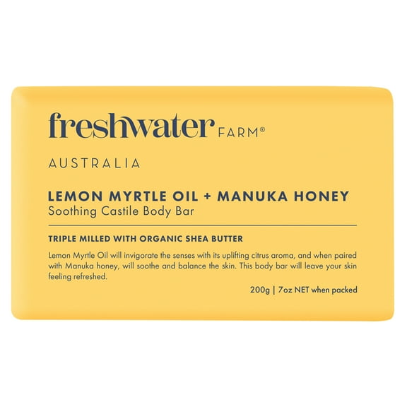 Freshwater Farm Lemon Myrtle + Manuka Honey Soothing Castile Body Bar, Gentle Skin Bar Soap 7oz