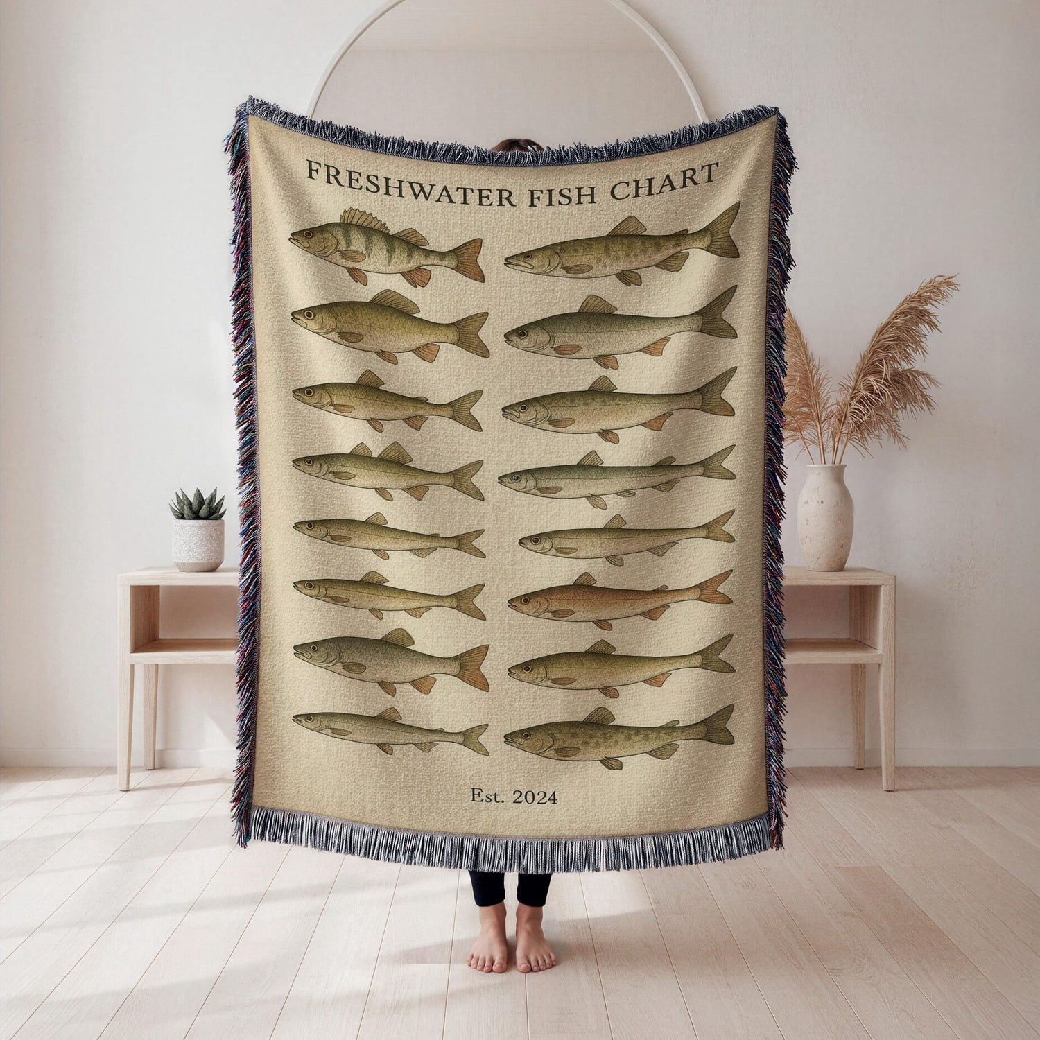 Freshwater Fish Chart Beige and Olive Woven Blanket, 100% Cotton ...