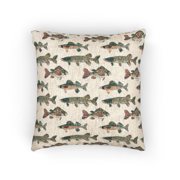 Freshwater Fish Pattern in Forest Green, Olive and Rust Decorative Woven Pillow, 17 x 18 in, Cotton-Polyester Shell, Angler Decor