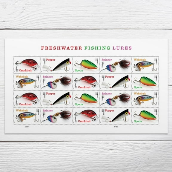 Freshwater Fishing Lures USPS Forever Postage Stamp 1 Sheet of 20 US First Class Postal Nature Mountain River Family Outdoor Party Announcement Wedding Celebration (20 Stamps)