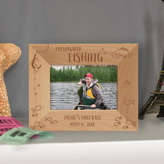 Freshwater Fishing Personalized Wooden Picture Frame-5" x 3 1/2" Brown Horizontal