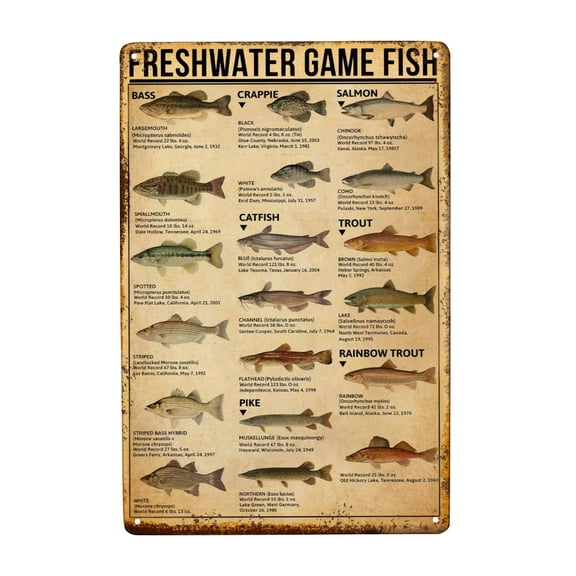 Freshwater Game Fish Vintage Tin Sign Retro Wall Decor Plaque for Home Garage Bar Kitchen Pub 8x12 Inch