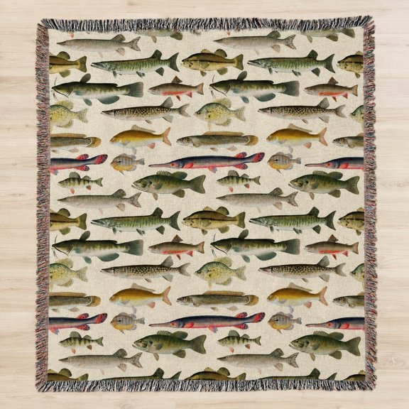 Freshwater Gamefish Woven Cotton Throw Blanket | Vintage Fish Print | Cabin Lodge Decor | 3 Sizes