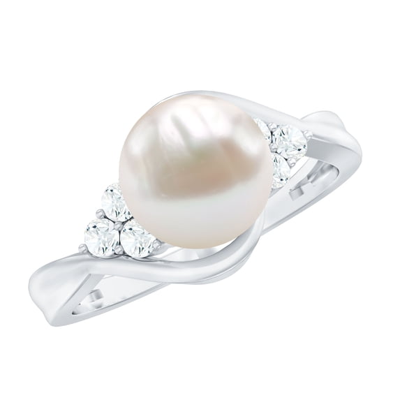 Rosec Jewels Cultured Freshwater Pearl Bypass Engagement Ring (8mm, 7 Carat, AAA Grade) - Natural Pearl Diamond Ring for Women, 14K White Gold, US 7.50