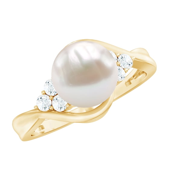 Rosec Jewels Cultured Freshwater Pearl Bypass Engagement Ring (7 Carat, AAA Grade) - Natural Pearl Diamond Ring for Women, 18K Yellow Gold, US 13.00