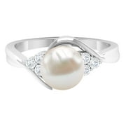 ROSEC JEWELS Freshwater Pearl Bypass Ring with Diamond Trio, Pearl Engagement Ring for Women, 925 Sterling Silver, US 4.00