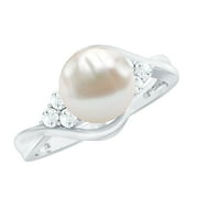 ROSEC JEWELS Freshwater Pearl Bypass Ring with Diamond Trio, Pearl Engagement Ring for Women, 925 Sterling Silver, US 4.00