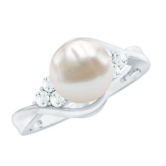Rosec Jewels Freshwater Pearl Bypass Ring with Diamond Trio, Pearl Engagement Ring for Women, 925 Sterling Silver, US 4.00