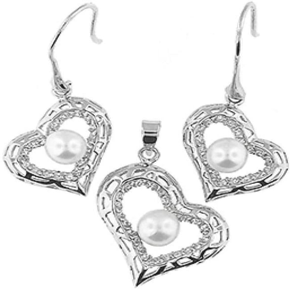Freshwater Pearl Center Stones Heart Shape Silver Pendant & Earrings Set