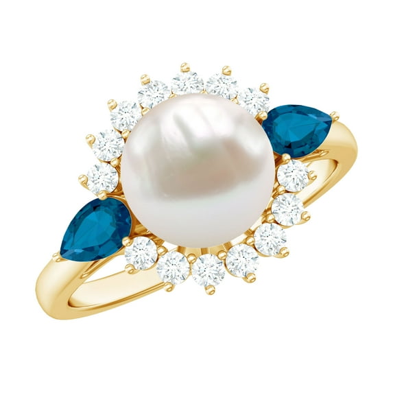 Rosec Jewels Freshwater Pearl Cocktail Ring with Blue Topaz and Moissanite - Pearl Ring for Women - AAA Quality Certified, 10K Yellow Gold, US 3.50